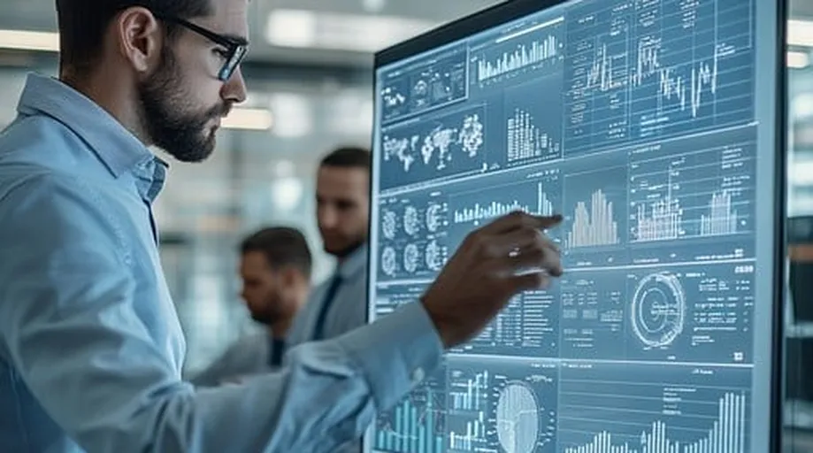 Business professional analyzing financial charts in modern office